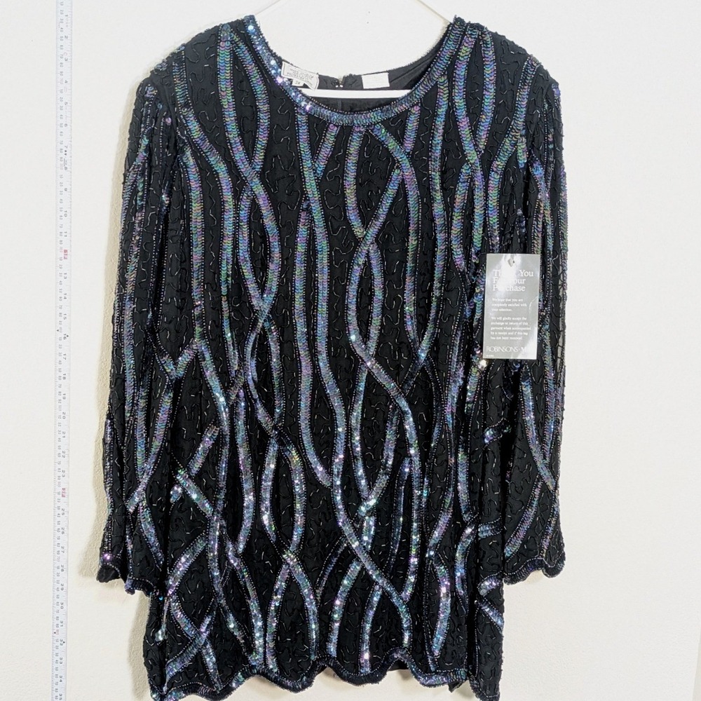Vintage NWT Deadstock Stenay Plus Black Silk Tunic Oil Slick Beading 3X